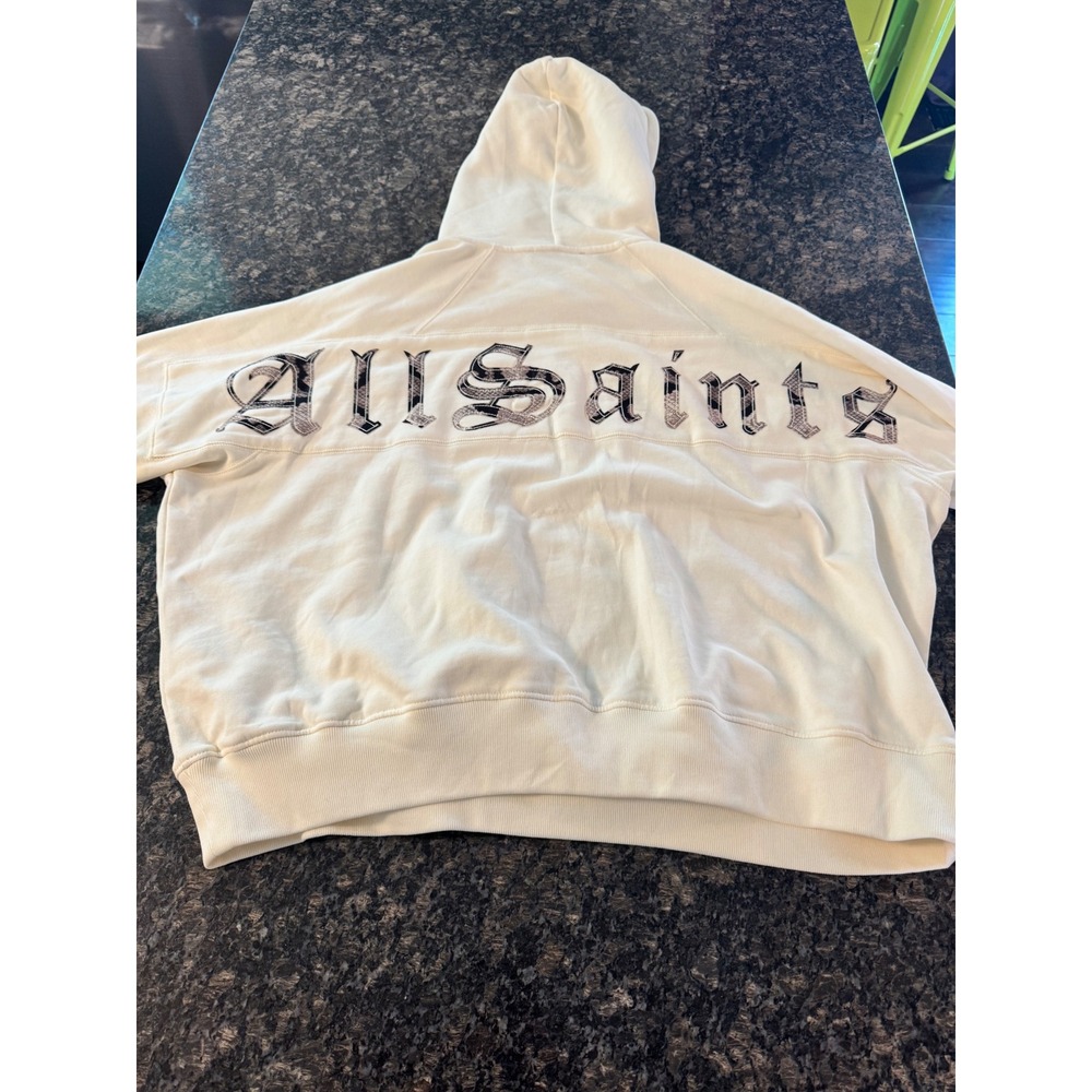 AllSaints‎ Mens Oversized Hoodie Cream Snakeskin Gothic Logo Sweatshirt White